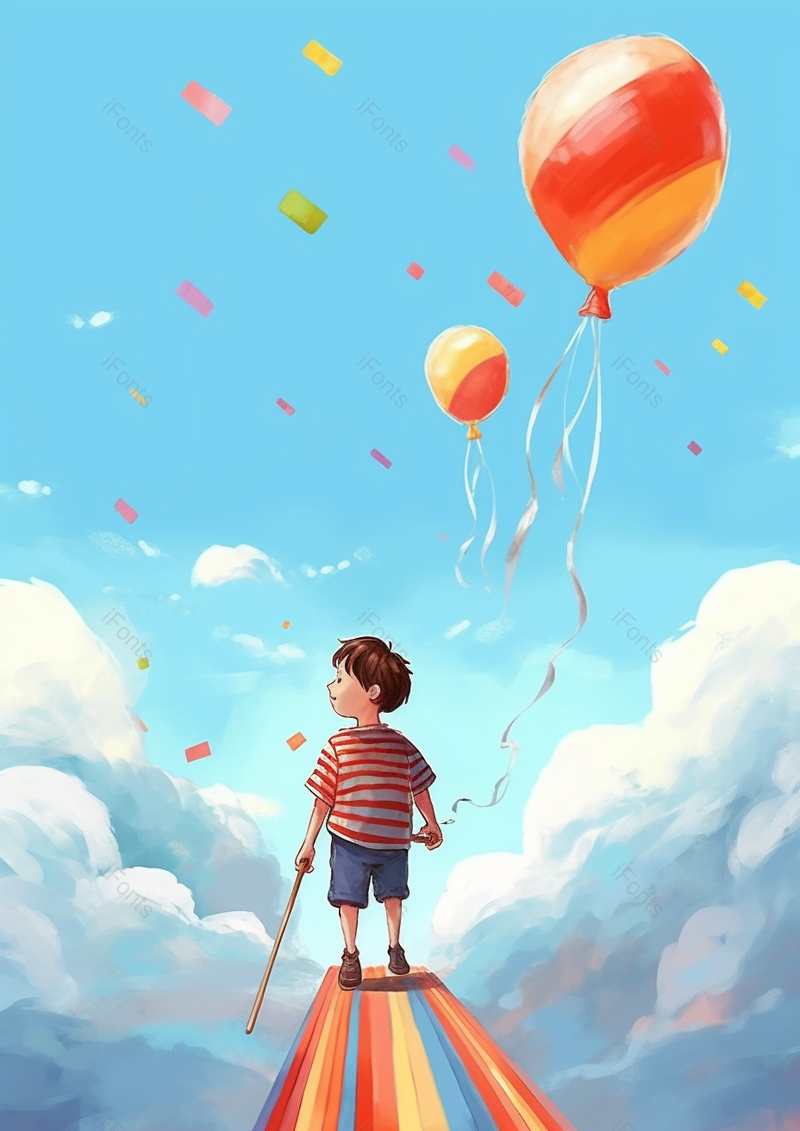 一男孩背影在彩虹桥上拿着气球欢乐向前行走蓝天白云可爱插画,插画/手绘图,插画/手绘图库,插画/手绘图下载,插画/手绘